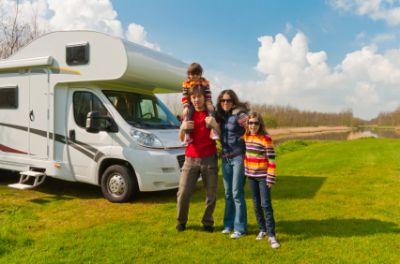 Family camping in an RV