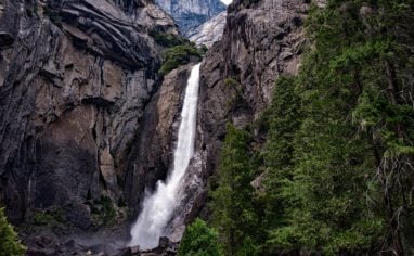 View of waterfall in Yosemite. 